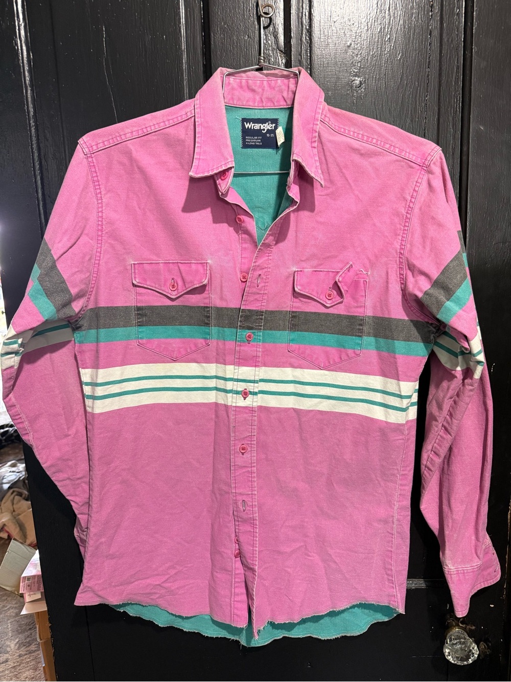 Wrangler Brushpopper Pink Striped Button-Down Shirt with Teal Accents